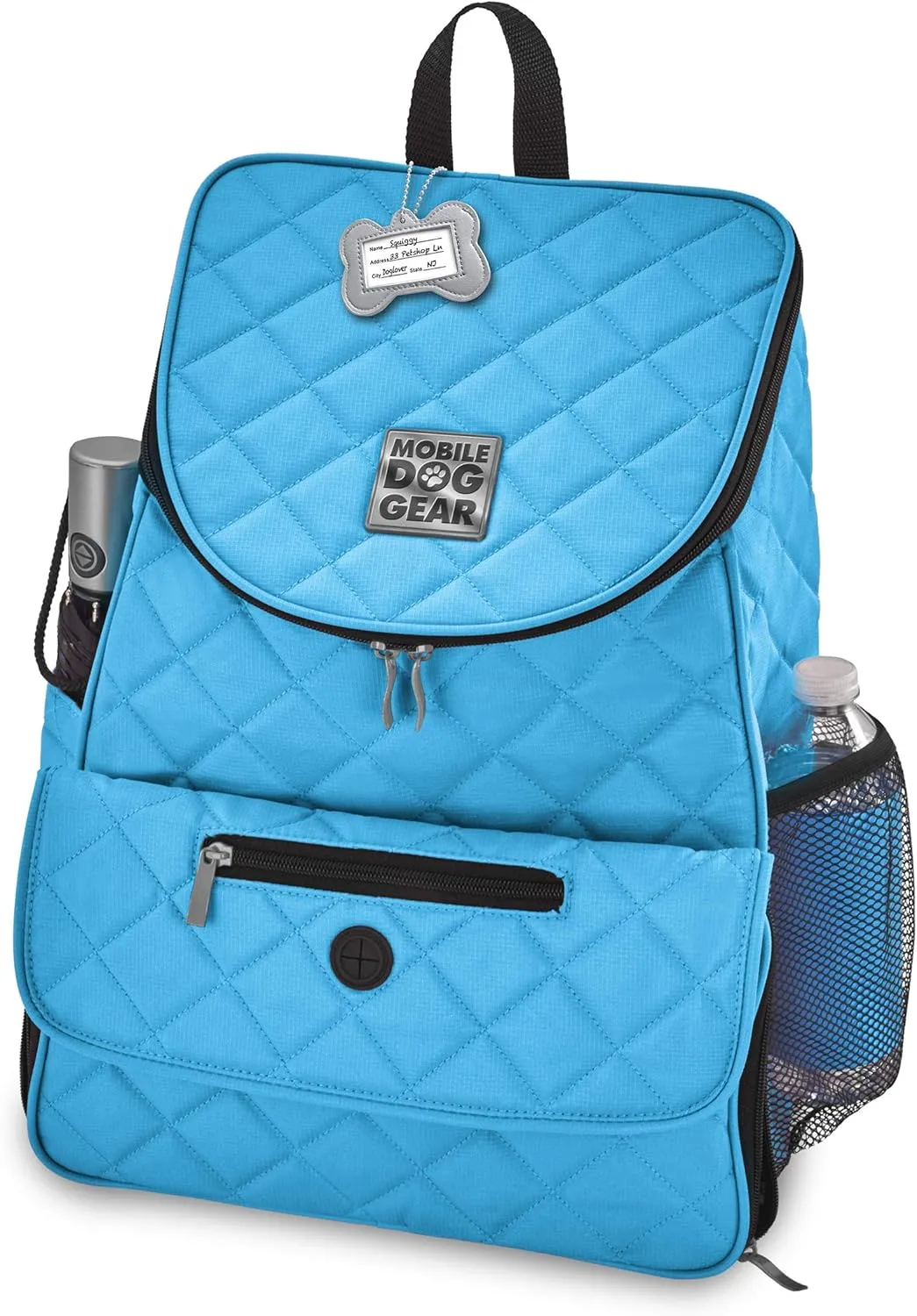 Mobile Dog Gear, Dog Travel Bag, Deluxe Quilted Weekender Backpack, Includes Lined Food Carriers and 2 Collapsible Dog Bowl, Light Blue