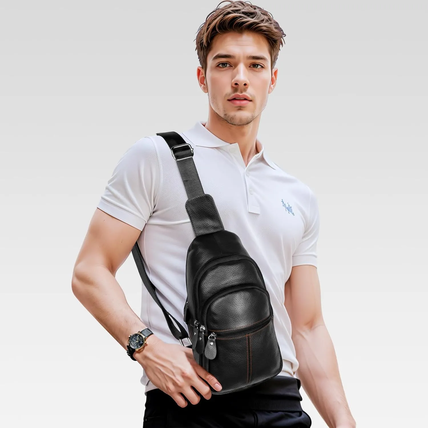 molshine Genuine Leather Sling Crossbody Bag,Fashion Chest,Casual Shoulder Bag for Men Women Work Travel Cycling HB024