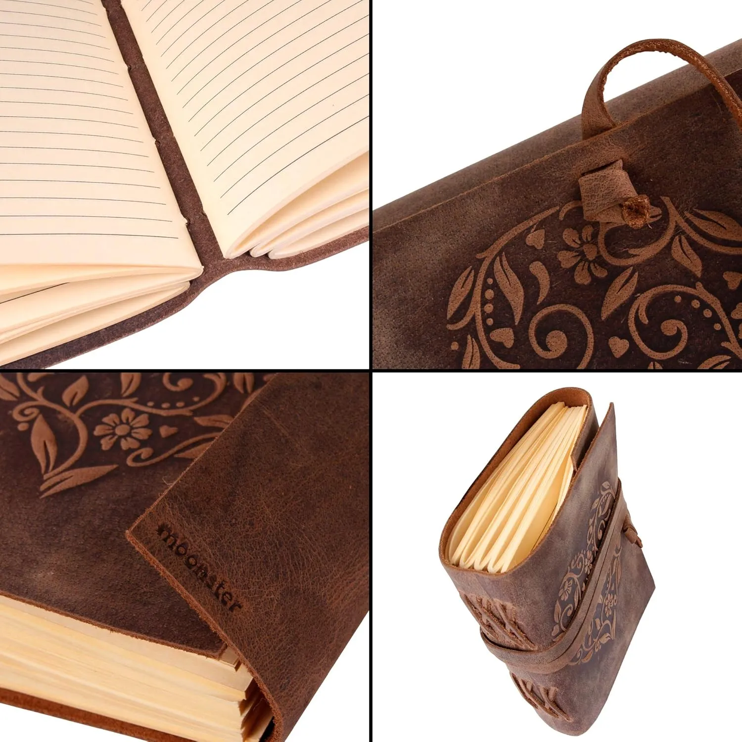moonster Leather Journal with Embossed Heart Shape - Non Refillable 8x6″ Lined Notebook - 400 Pages College Ruled Kraft Paper - Inspirational Small Notebook - Leather Journals for Women