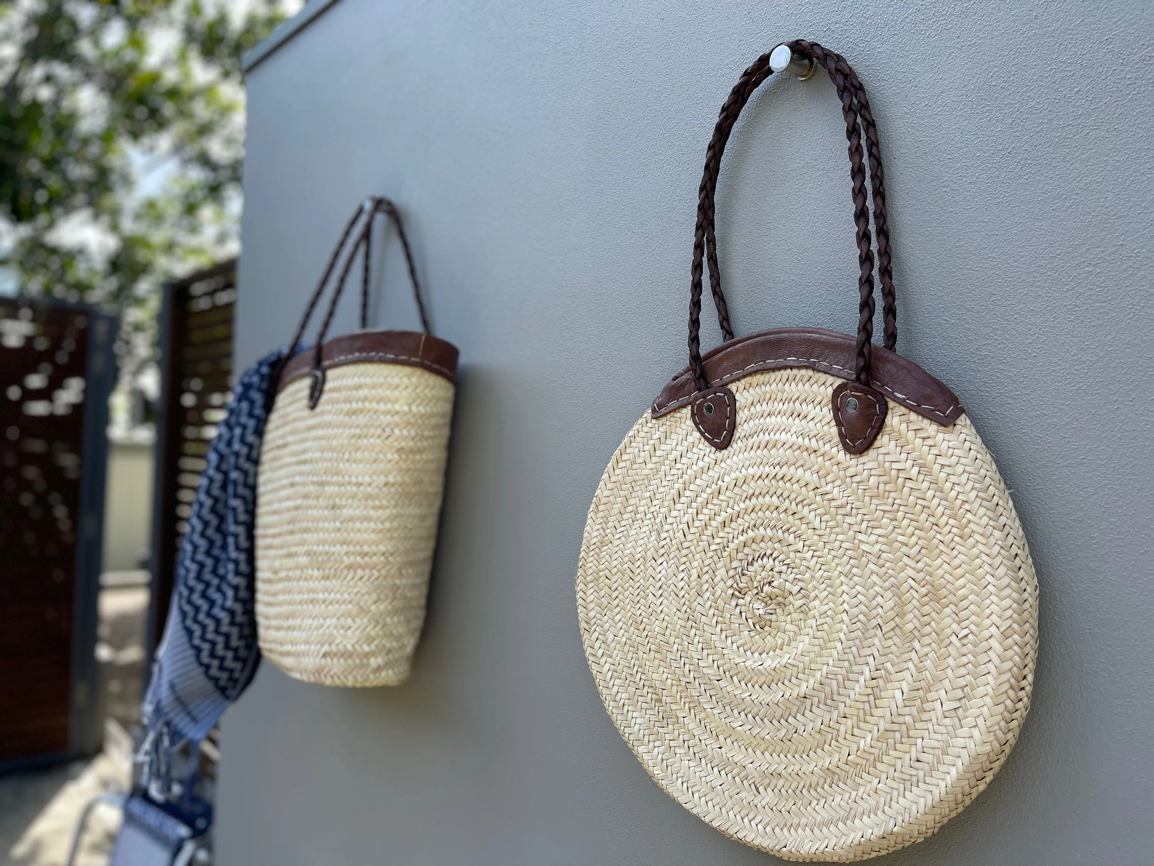 Moroccan basket w leather trim