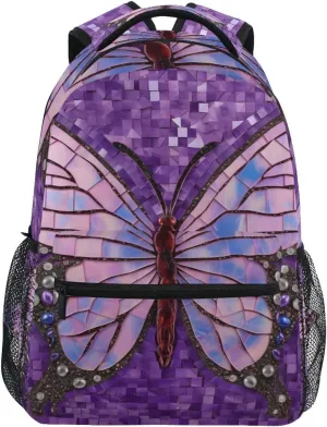 Mosaic Purple Butterfly Backpack Daypack Shoulder Bag Book Bag Lightweight Back Pack 11.4 ×16 In