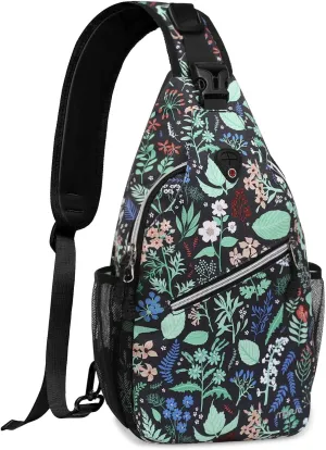 MOSISO Crossbody Sling Backpack, Portable Travel Hiking Daypack Chest Sling Bag Casual Daypack One Strap Chest Backpack for Women Men Outdoor Hiking Travel, Green Leaf Print