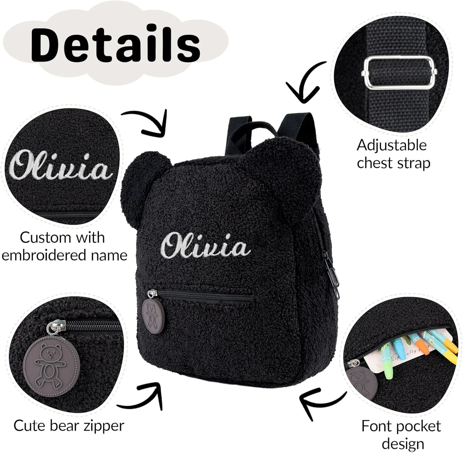 MT WORLD Plush Teddy Bear Backpack Personalized Fuzzy Toddler Backpack Bear Ears Head Backpack Soft Fluffy Mini Daypack Backpack Shoulder Bag Purse Gifts (Black)