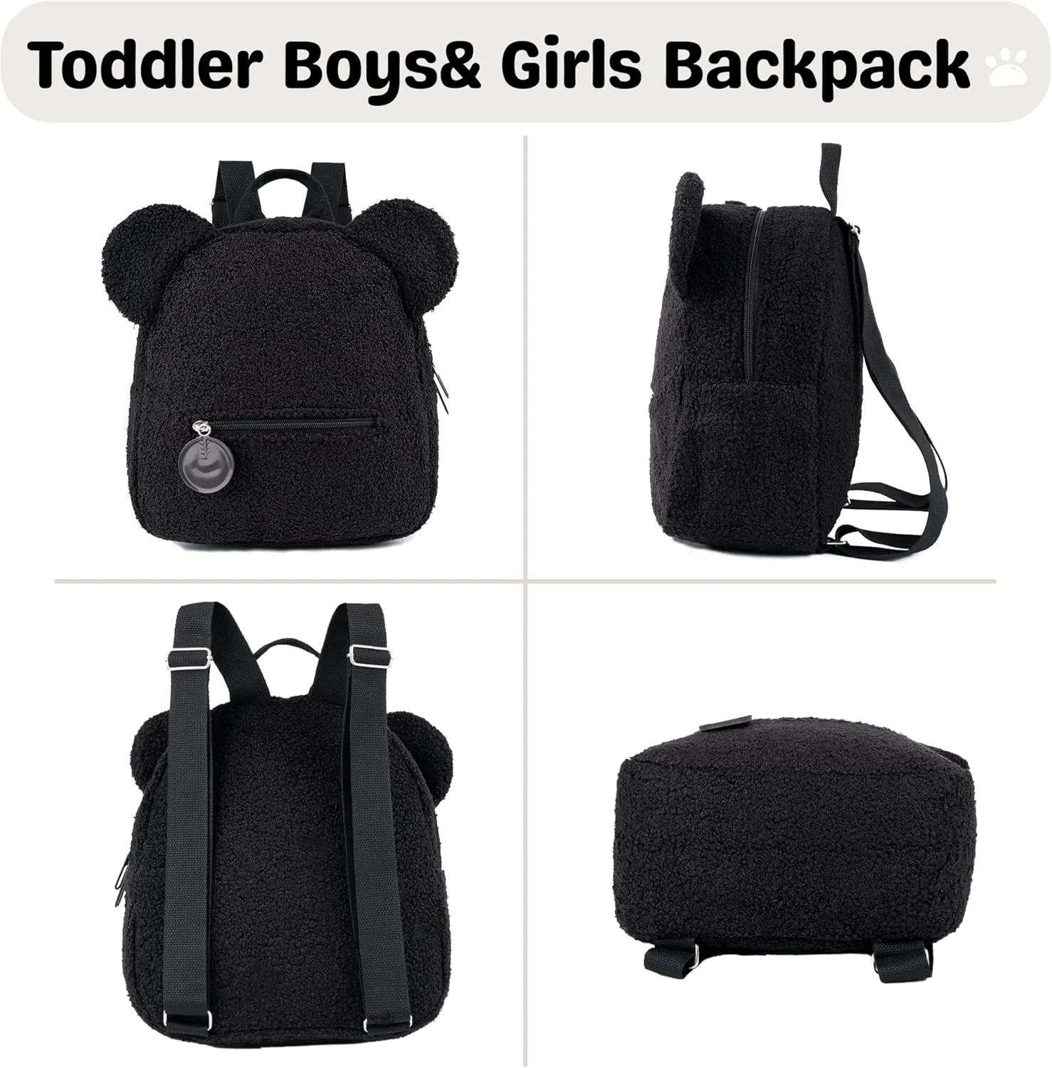 MT WORLD Plush Teddy Bear Backpack Personalized Fuzzy Toddler Backpack Bear Ears Head Backpack Soft Fluffy Mini Daypack Backpack Shoulder Bag Purse Gifts (Black)