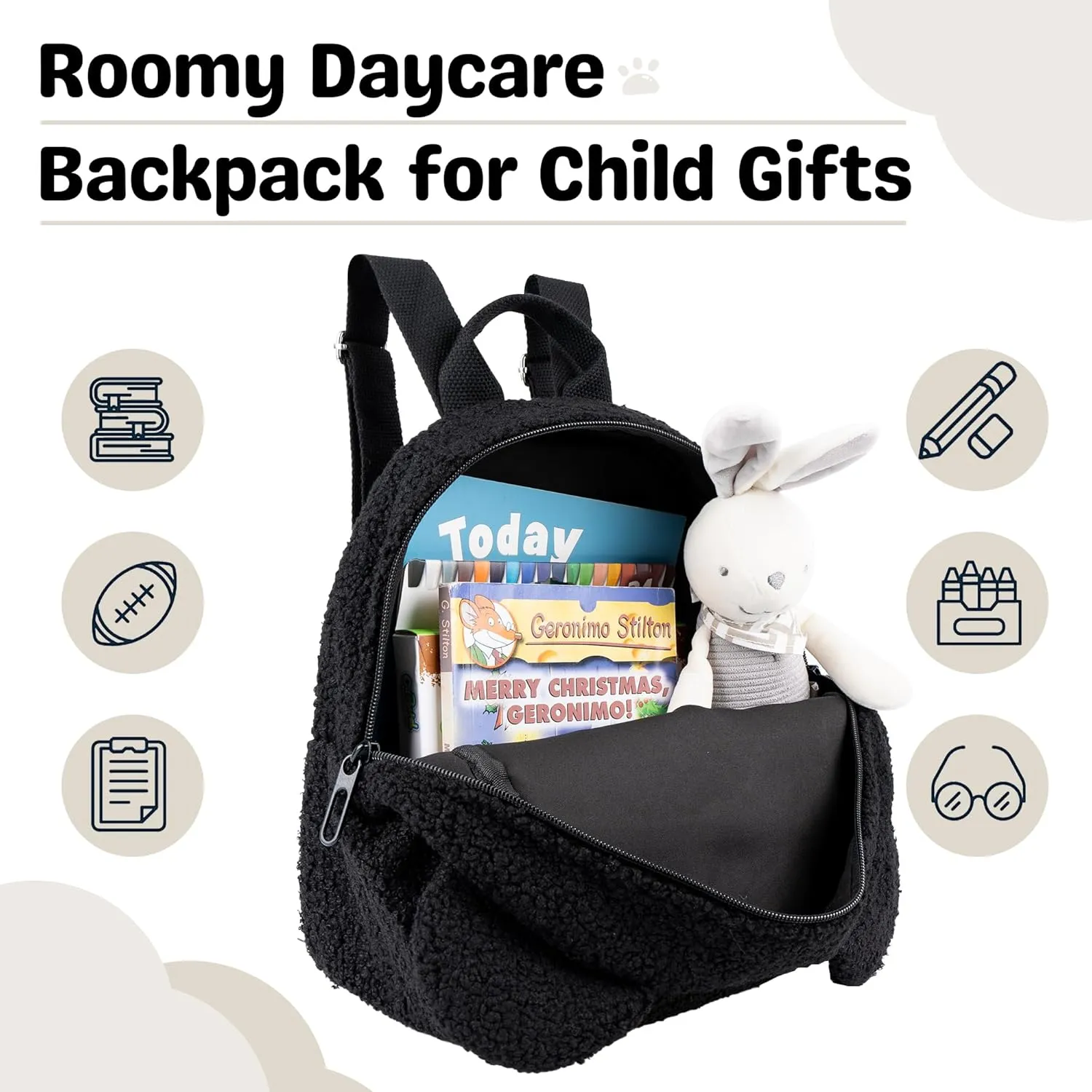 MT WORLD Plush Teddy Bear Backpack Personalized Fuzzy Toddler Backpack Bear Ears Head Backpack Soft Fluffy Mini Daypack Backpack Shoulder Bag Purse Gifts (Black)