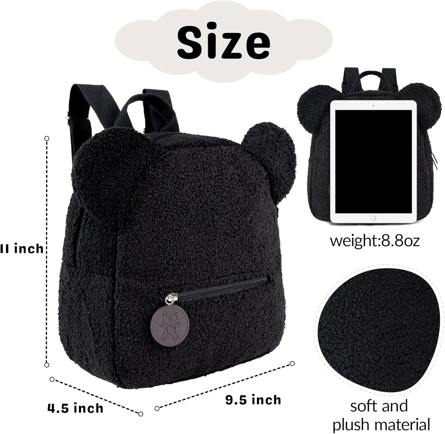 MT WORLD Plush Teddy Bear Backpack Personalized Fuzzy Toddler Backpack Bear Ears Head Backpack Soft Fluffy Mini Daypack Backpack Shoulder Bag Purse Gifts (Black)