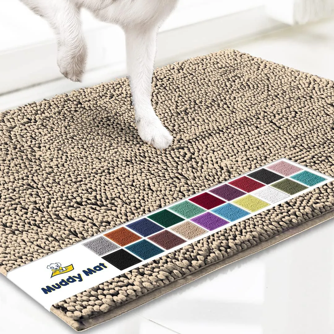 Muddy Mat® Shown on TV – Super Absorbent Microfiber Dog Door Mat for Muddy Paws, Non-Slip Washable Pet Rug, Quick Dry Chenille Entryway Carpet, Machine Washable Indoor Outdoor mat, Beige 28"x18"