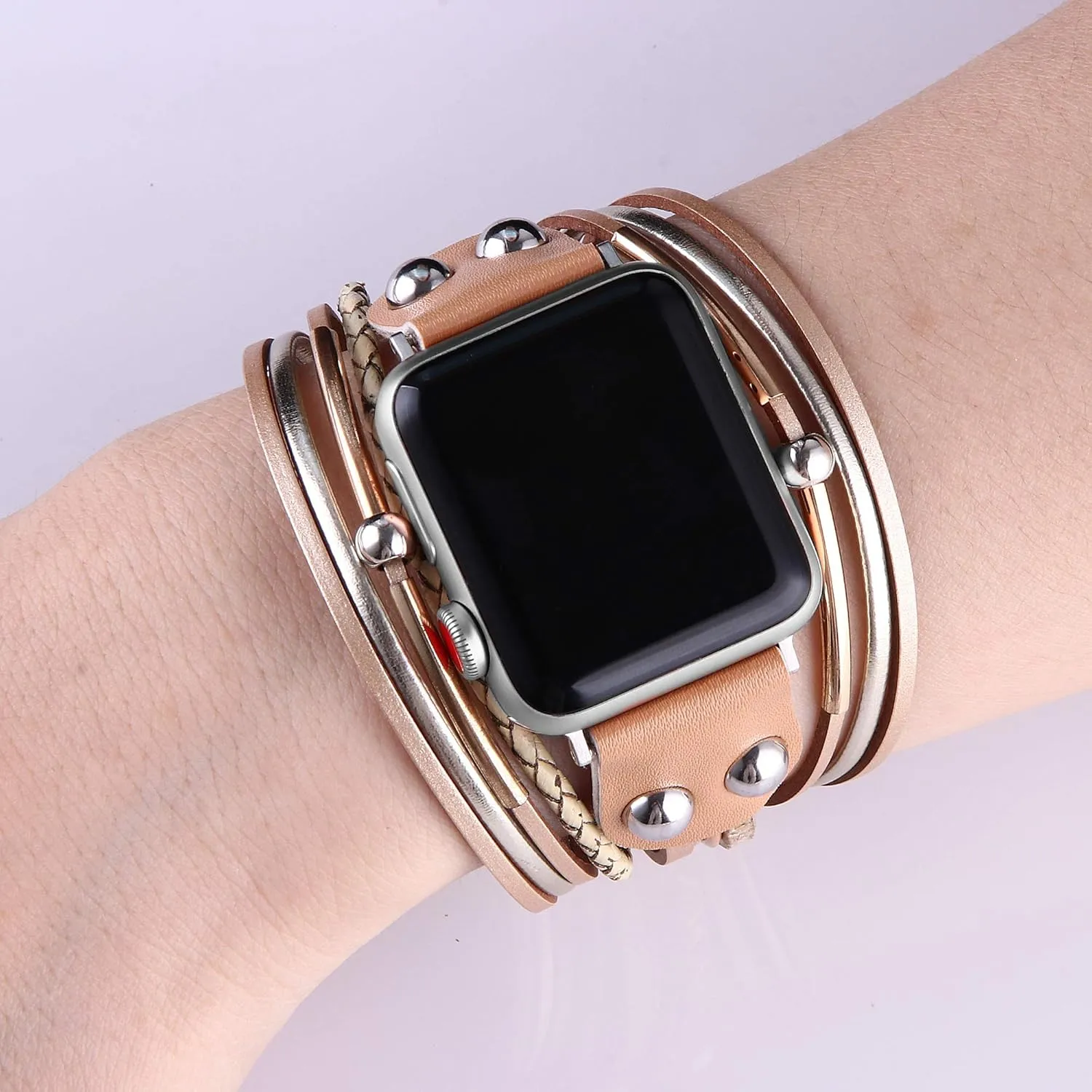 Multi-Layer Leather Wrap Bracelet Compatible with Apple Watch Ultra SE 8 7 6 5 4 3 38mm 40mm 41mm 42mm 44mm 45mm 49mm for Women Mens, Boho Stylish Cuff Bangle Watch Strap for Iwatch Bands