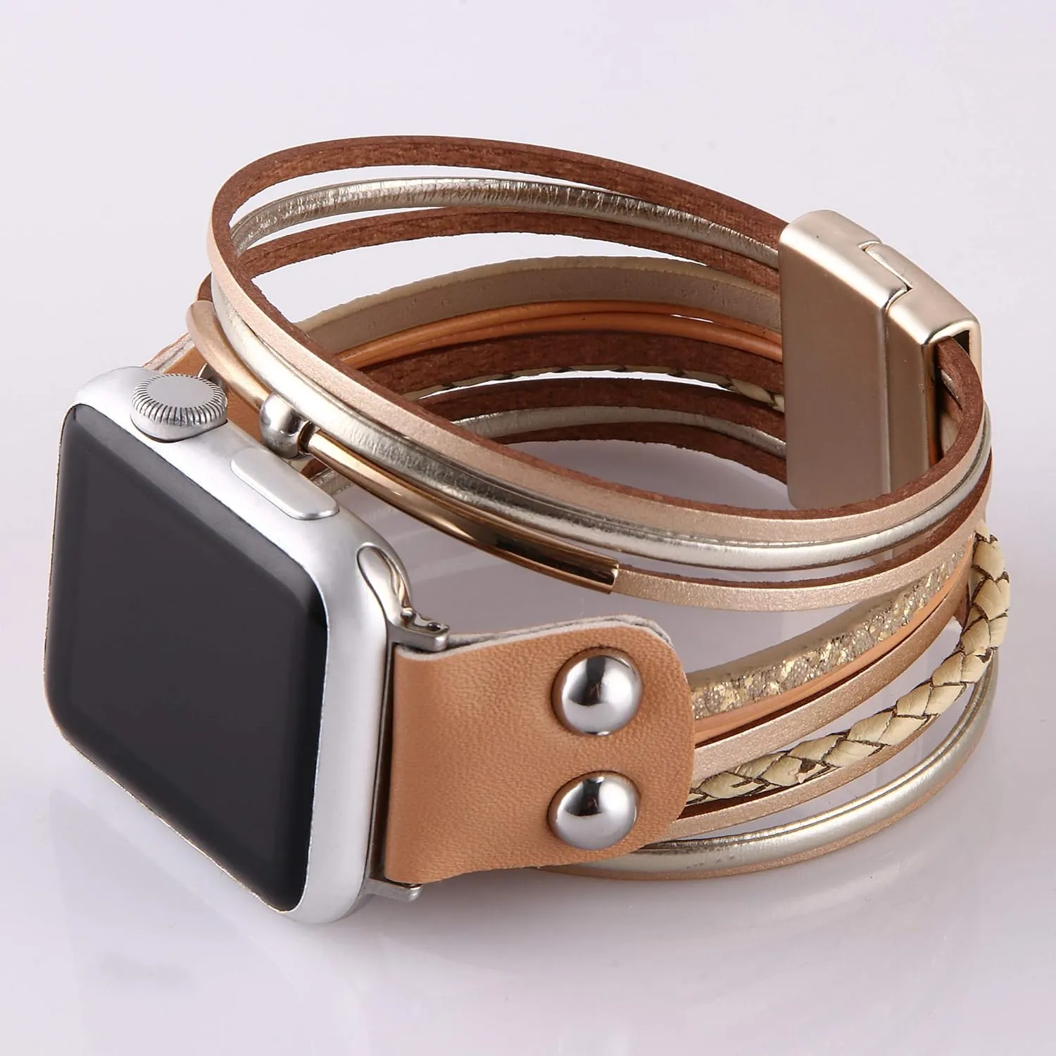 Multi-Layer Leather Wrap Bracelet Compatible with Apple Watch Ultra SE 8 7 6 5 4 3 38mm 40mm 41mm 42mm 44mm 45mm 49mm for Women Mens, Boho Stylish Cuff Bangle Watch Strap for Iwatch Bands
