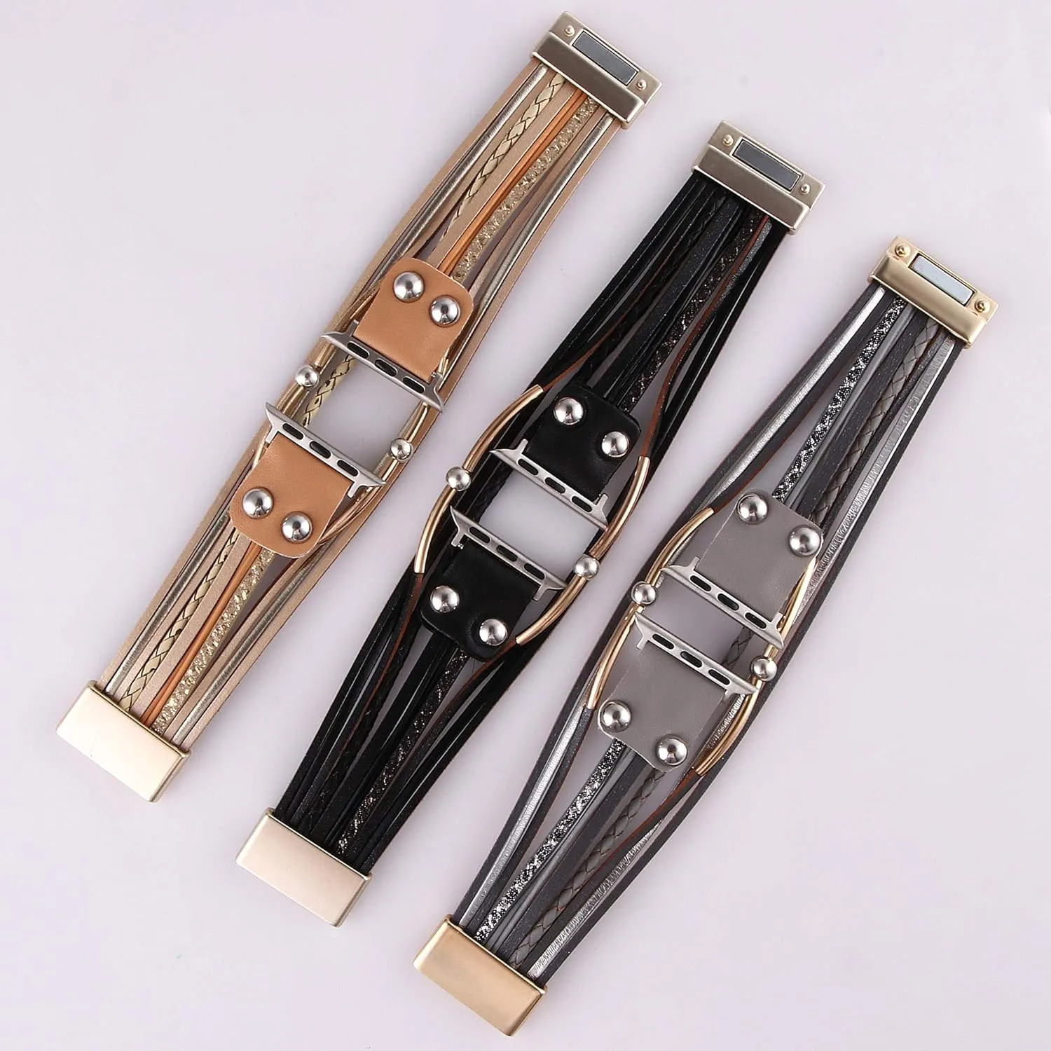 Multi-Layer Leather Wrap Bracelet Compatible with Apple Watch Ultra SE 8 7 6 5 4 3 38mm 40mm 41mm 42mm 44mm 45mm 49mm for Women Mens, Boho Stylish Cuff Bangle Watch Strap for Iwatch Bands