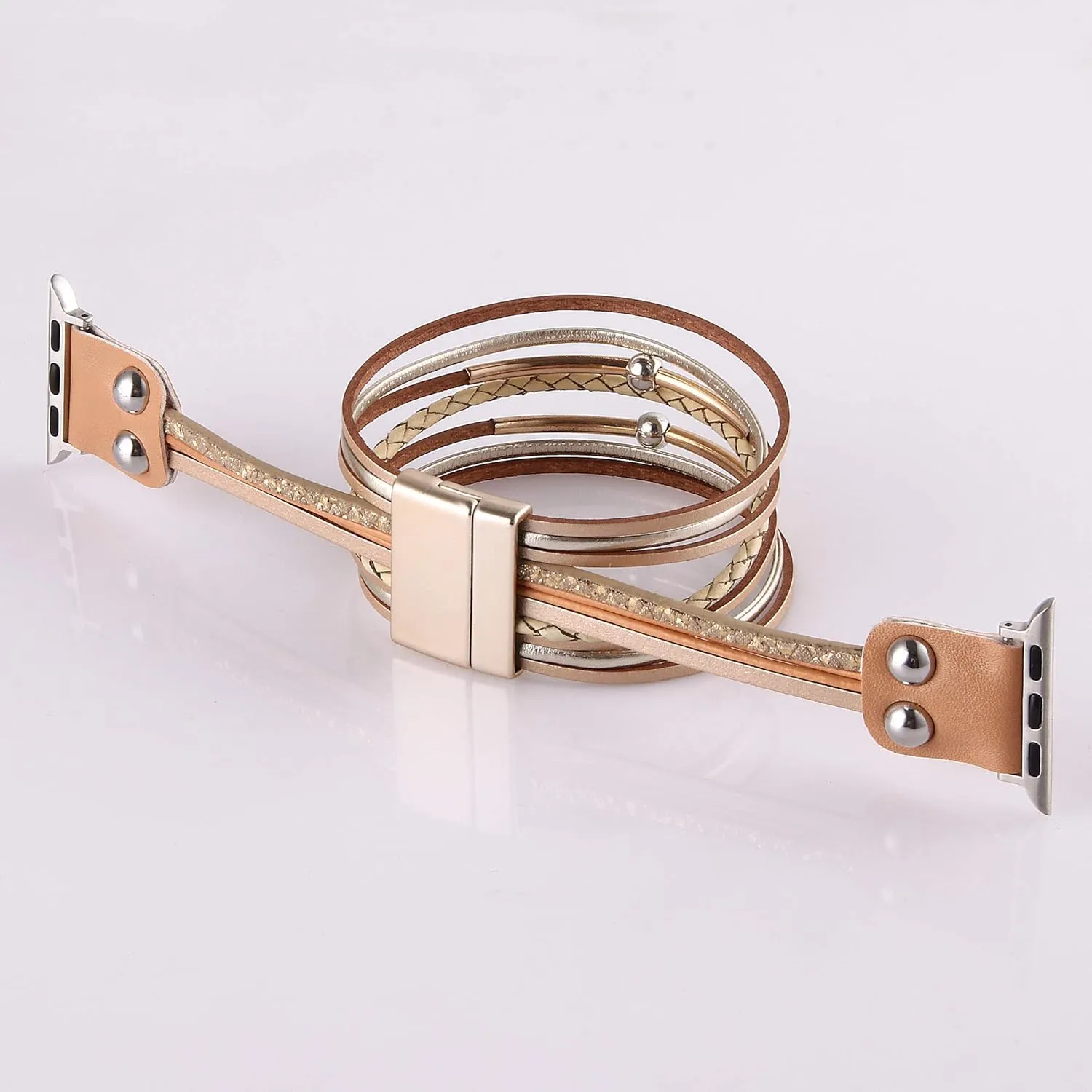 Multi-Layer Leather Wrap Bracelet Compatible with Apple Watch Ultra SE 8 7 6 5 4 3 38mm 40mm 41mm 42mm 44mm 45mm 49mm for Women Mens, Boho Stylish Cuff Bangle Watch Strap for Iwatch Bands