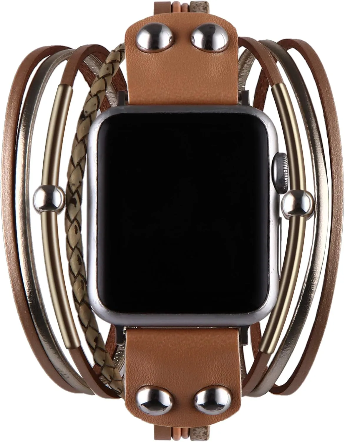 Multi-Layer Leather Wrap Bracelet Compatible with Apple Watch Ultra SE 8 7 6 5 4 3 38mm 40mm 41mm 42mm 44mm 45mm 49mm for Women Mens, Boho Stylish Cuff Bangle Watch Strap for Iwatch Bands