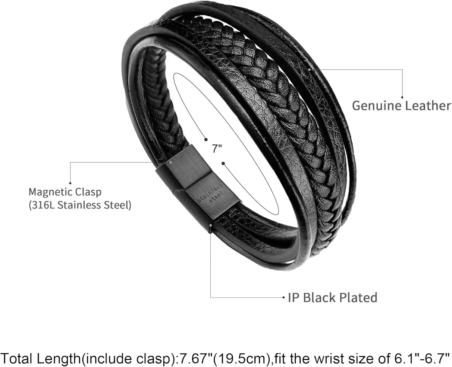 murtoo Mens Leather Bracelet with Clasp Cowhide Multi-Layer Braided Leather Mens Bracelet