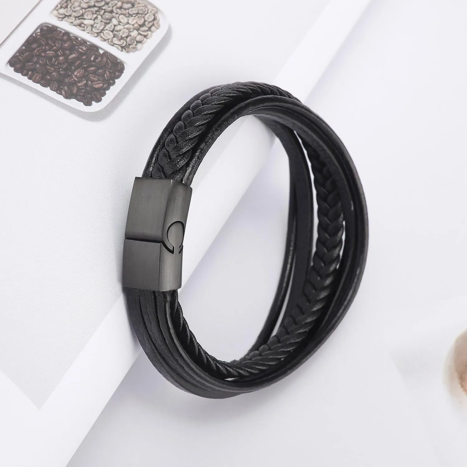 murtoo Mens Leather Bracelet with Clasp Cowhide Multi-Layer Braided Leather Mens Bracelet