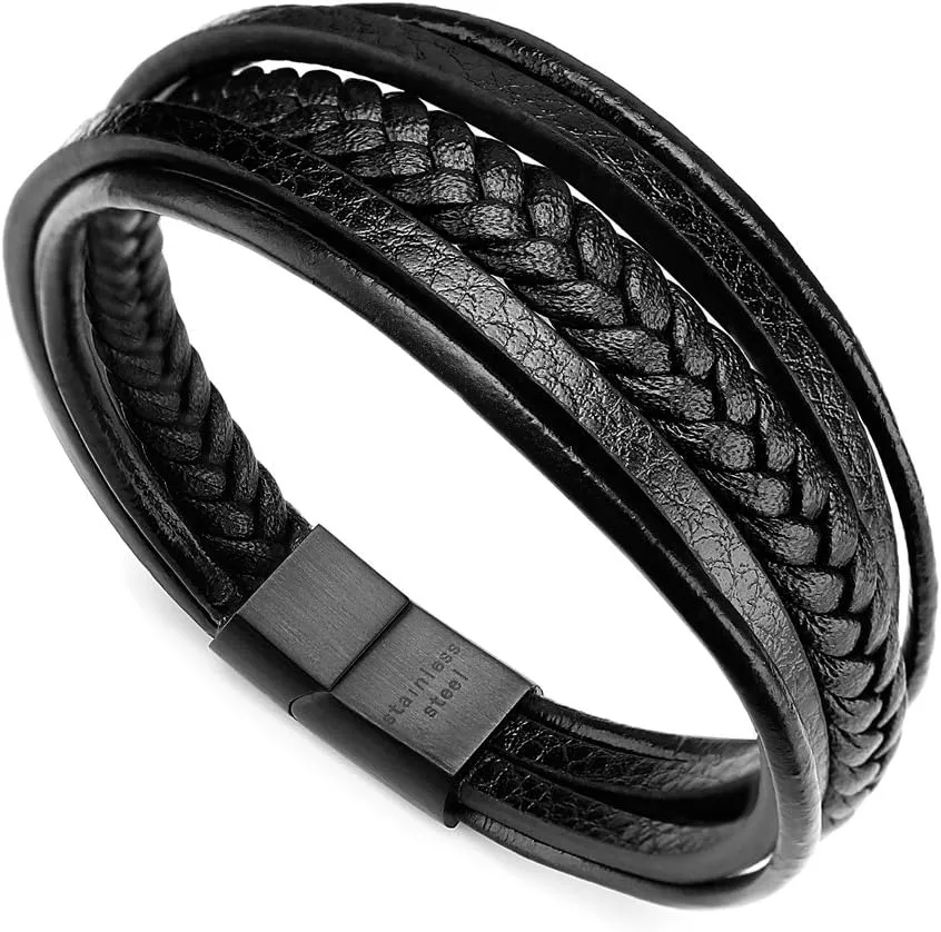 murtoo Mens Leather Bracelet with Clasp Cowhide Multi-Layer Braided Leather Mens Bracelet