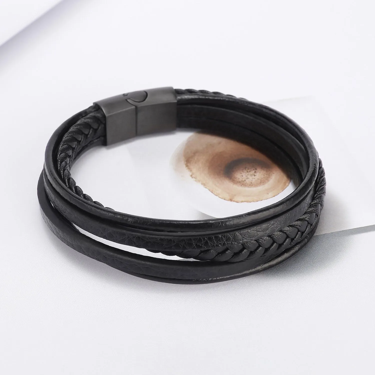 murtoo Mens Leather Bracelet with Clasp Cowhide Multi-Layer Braided Leather Mens Bracelet