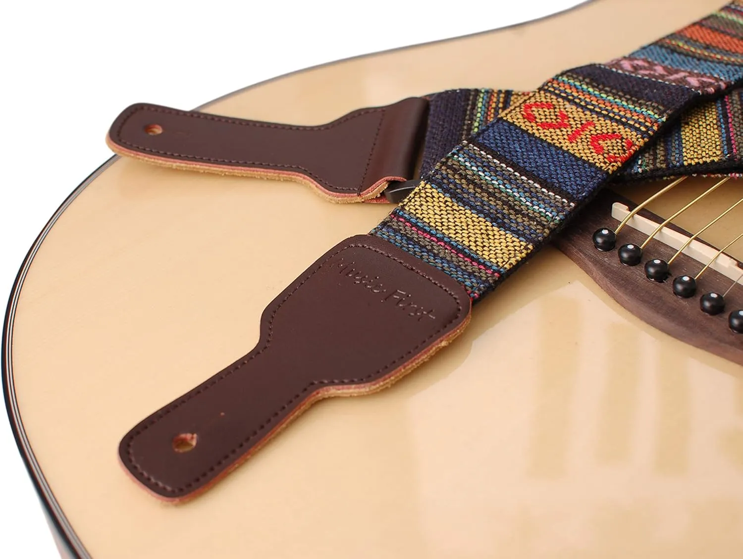 MUSIC FIRST Original Design, 2 inch width (5cm), Classic Country Style Yarn-dyed fabric & Genuine Leather Delux Banjo Strap, With 2 pieces of MUSIC FIRST Leather Strap Locker. (Classic Country Style)
