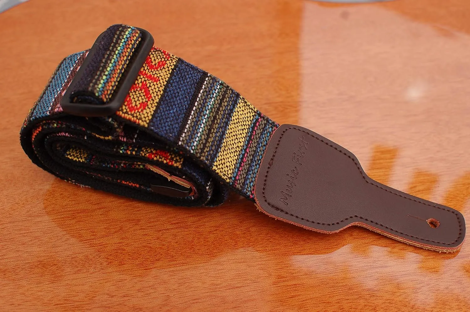 MUSIC FIRST Original Design, 2 inch width (5cm), Classic Country Style Yarn-dyed fabric & Genuine Leather Delux Banjo Strap, With 2 pieces of MUSIC FIRST Leather Strap Locker. (Classic Country Style)