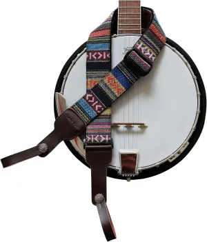 MUSIC FIRST Original Design, 2 inch width (5cm), Classic Country Style Yarn-dyed fabric & Genuine Leather Delux Banjo Strap, With 2 pieces of MUSIC FIRST Leather Strap Locker. (Classic Country Style)
