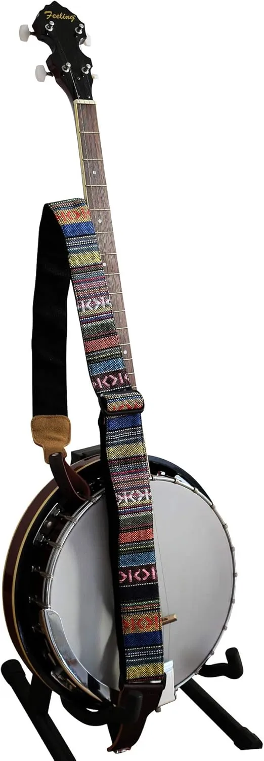 MUSIC FIRST Original Design, 2 inch width (5cm), Classic Country Style Yarn-dyed fabric & Genuine Leather Delux Banjo Strap, With 2 pieces of MUSIC FIRST Leather Strap Locker. (Classic Country Style)