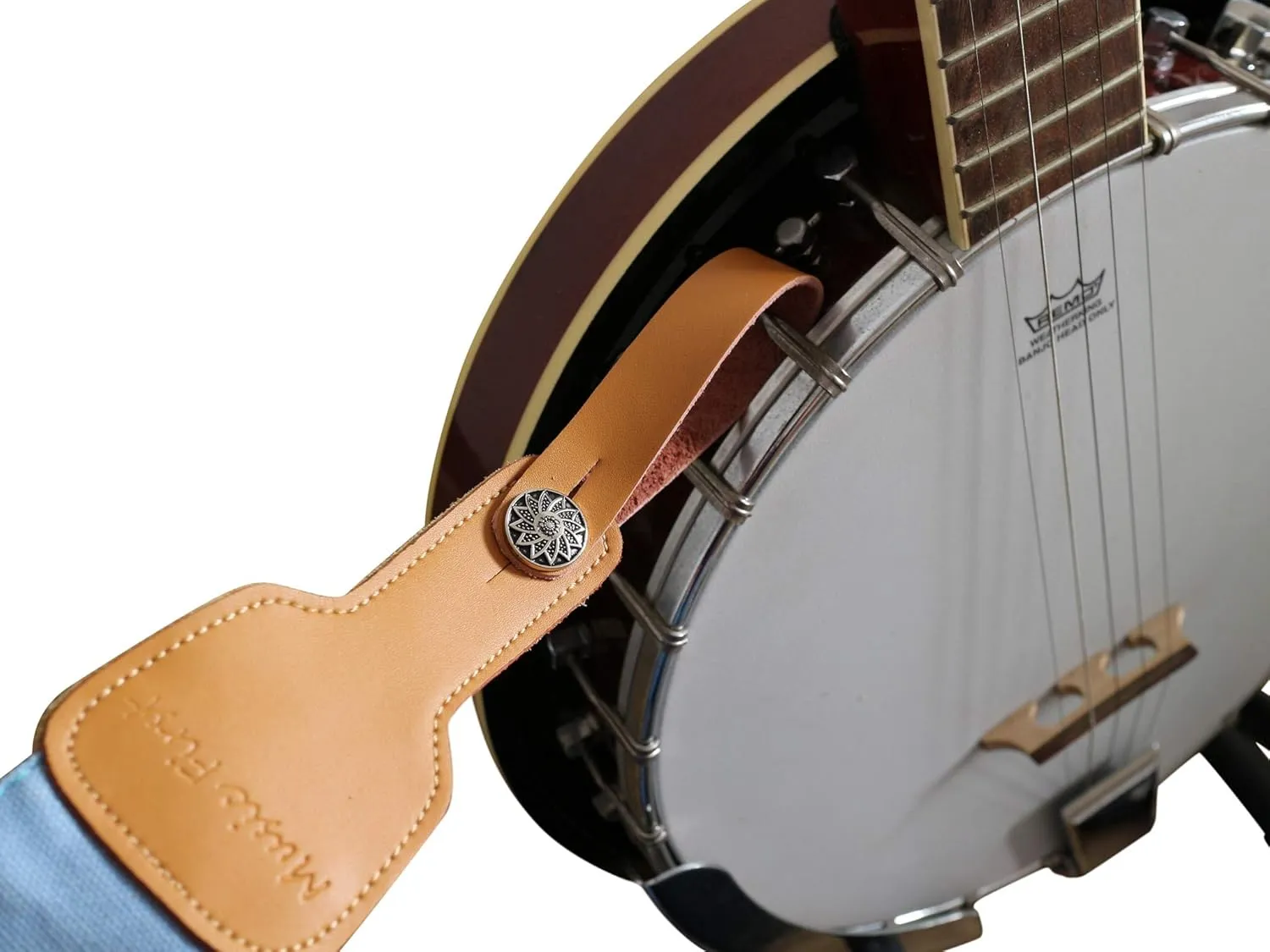 MUSIC FIRST Original Design, 2 inch width (5cm), Classic Country Style Yarn-dyed fabric & Genuine Leather Delux Banjo Strap, With 2 pieces of MUSIC FIRST Leather Strap Locker. (Classic Country Style)