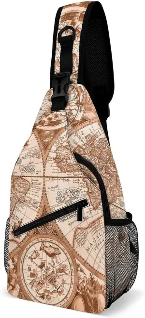 Nautical Sea Map Compass Sailing Ship Sling Bags Men And Women Shoulder Backpack Chest Bag Cross Body Chest Sling Backpack.