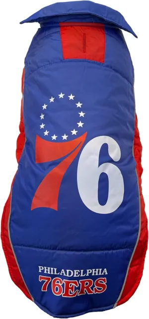 NBA Philadelphia 76ers Puffer Vest for Dogs & Cats, Size Small. Warm, Cozy, and Waterproof Dog Coat, for Small and Large Dogs/Cats. Best NBA Licensed PET Warming Sports Jacket