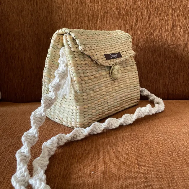 Neutral Straw Macrame Sling Bag | White