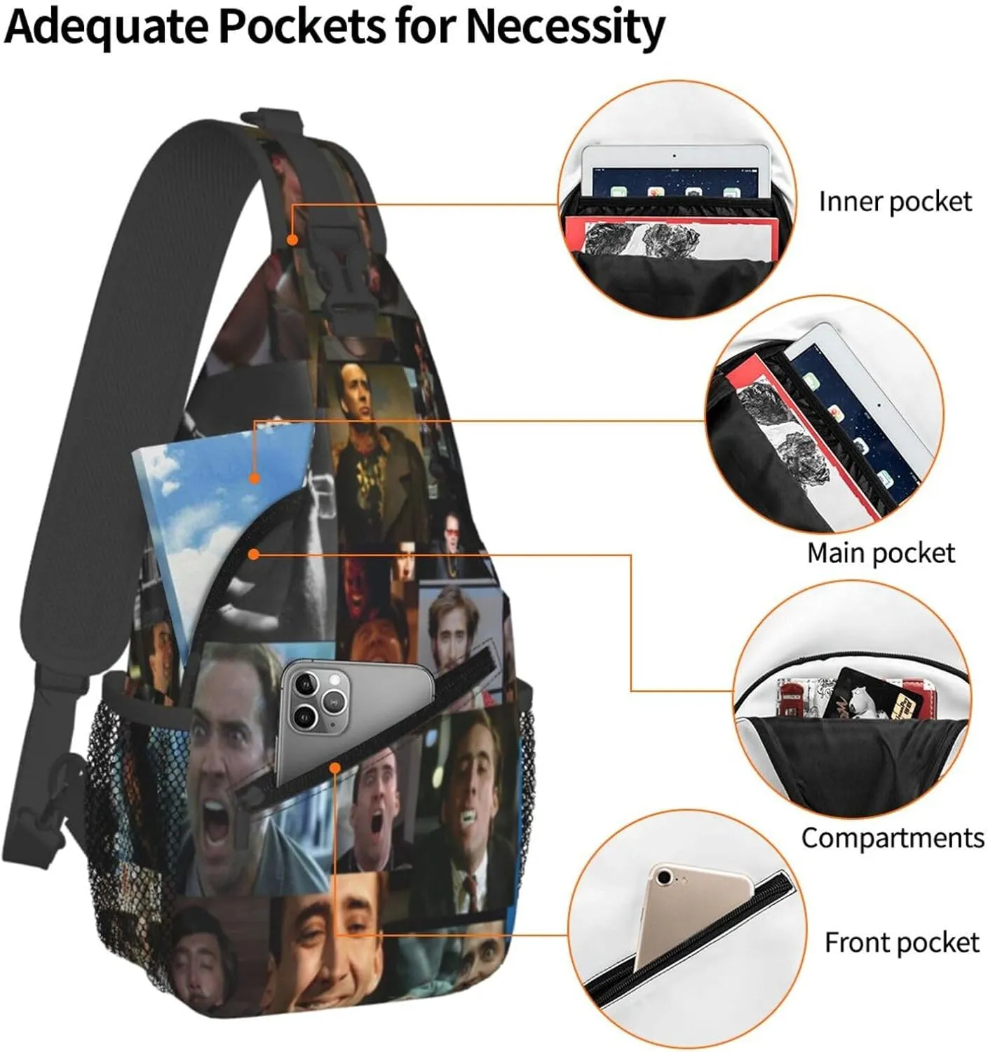 Nic-olas Cage Crossbody Bag Sling Shoulder Backpack, for Outdoor Travel,Sports,Camping,Hiking,Shoulder Bags