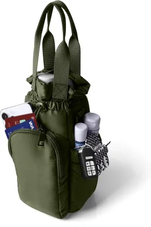 Nollia Black Quilted Nylon Water Bottle Holder Sling Bag, Reusable Bottle Carrier Bag, Card Slot and Phone Pocket