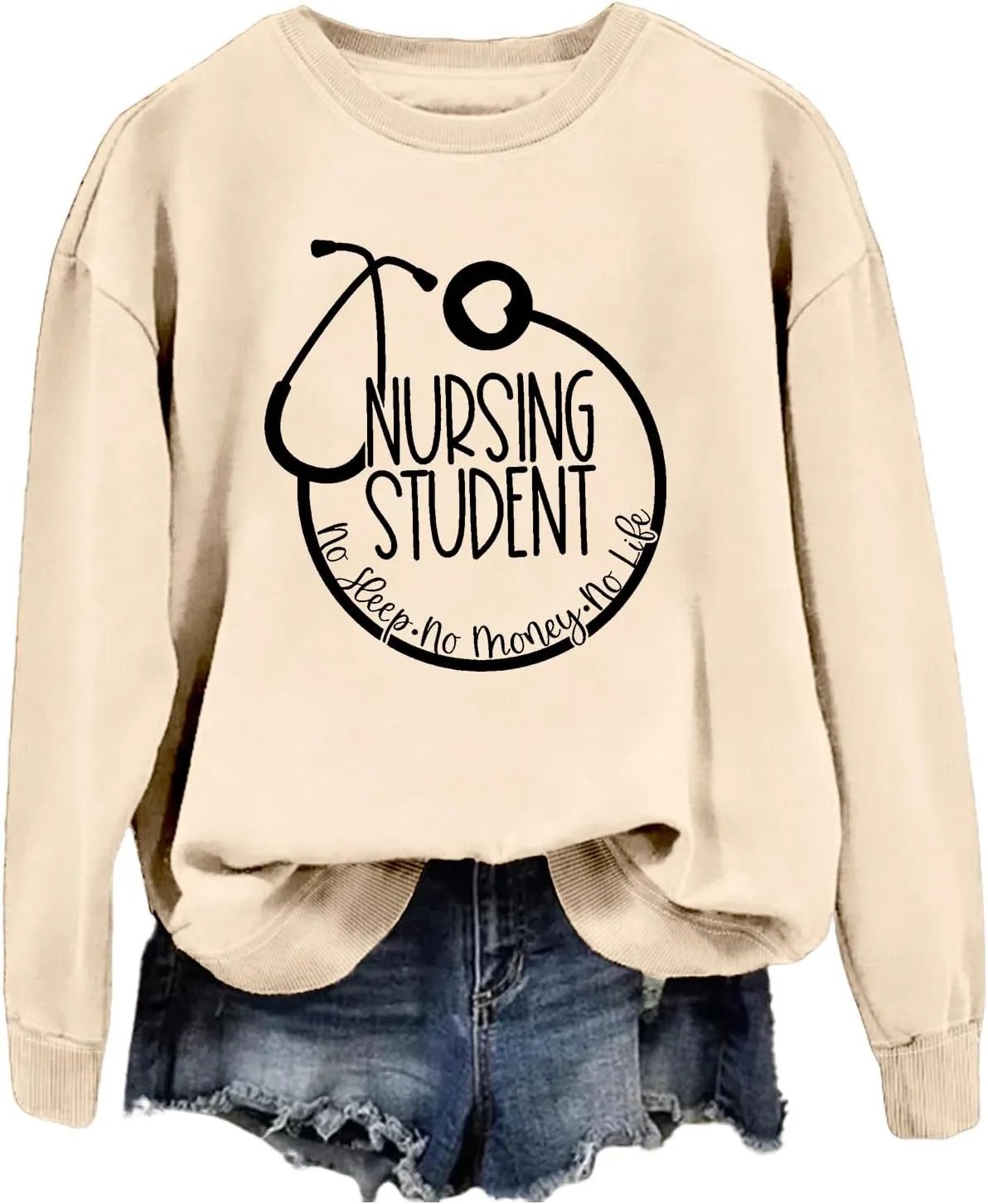 Nursing Student Sweatshirt, No Sleep No Money No Life Nursing Shirt Future Nurse Crewneck Sweater Tops for Women