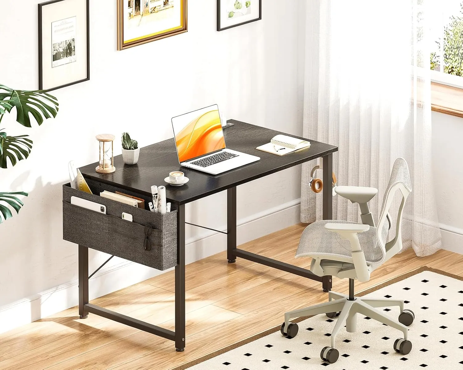 ODK Computer Desk - 40 Inch Office Writing Desk for Home, Student Study Desk with Storage Bag, Headphone Hook & Power Outlets, Modern Simple Table for Bedroom, Black