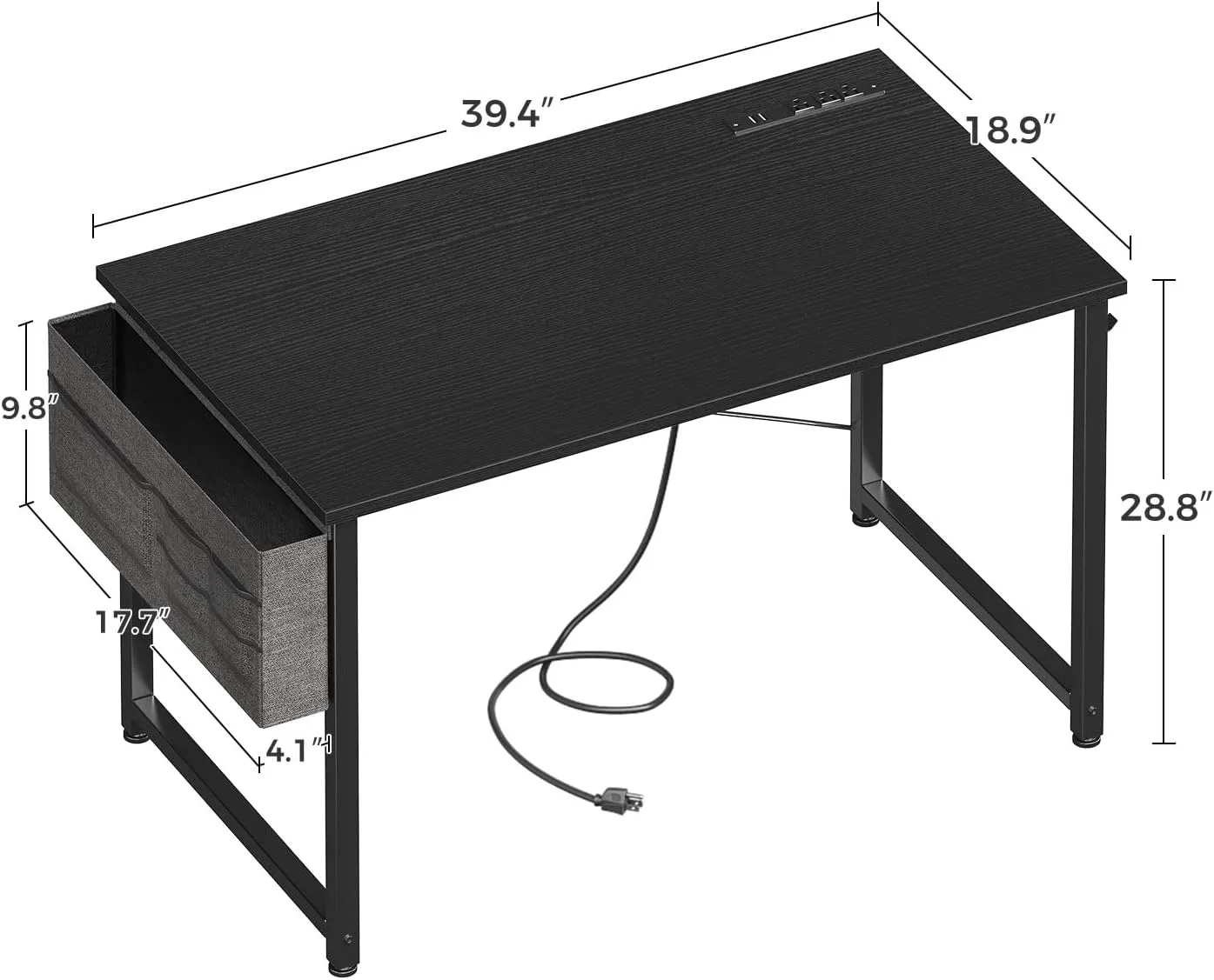 ODK Computer Desk - 40 Inch Office Writing Desk for Home, Student Study Desk with Storage Bag, Headphone Hook & Power Outlets, Modern Simple Table for Bedroom, Black