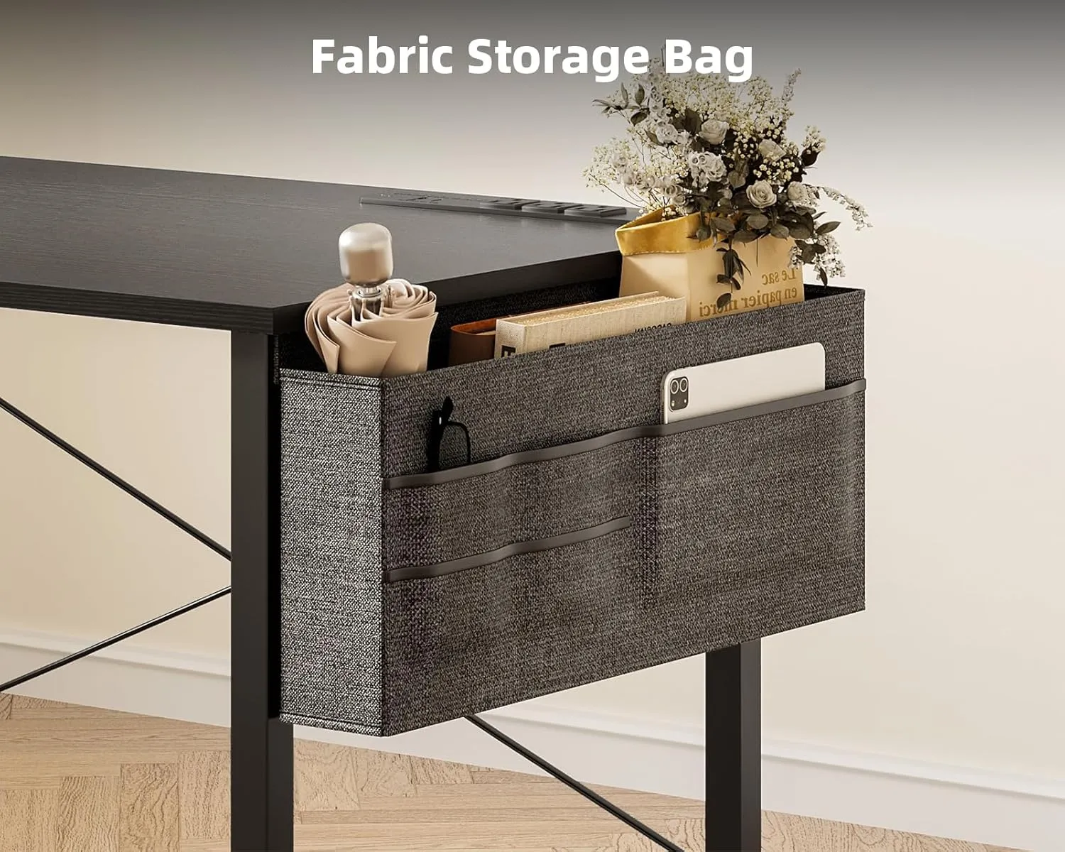 ODK Computer Desk - 40 Inch Office Writing Desk for Home, Student Study Desk with Storage Bag, Headphone Hook & Power Outlets, Modern Simple Table for Bedroom, Black