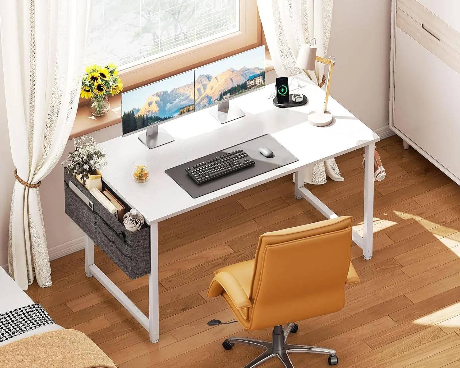 ODK Computer Desk - 48 Inch Office Writing Desk for Home, Student Study Desk with Storage Bag, Headphone Hook & Power Outlets, Modern Simple Table for Bedroom, White