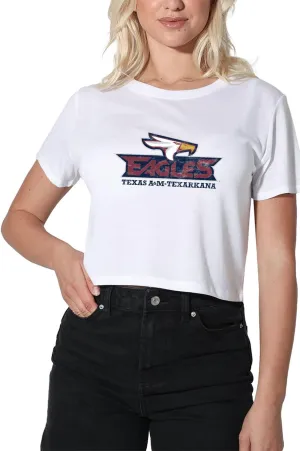 Official Collegiate Large Distressed Logo Women's Apparel Crop Top T-Shirt Collection, White
