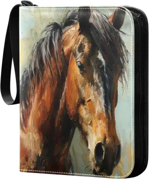 Oil Painting Horse Card Binder 4-Pocket, 400 Pockets Trading Cards Holder Games Card Albums Storage Organizer Case for Football, Baseball Cards