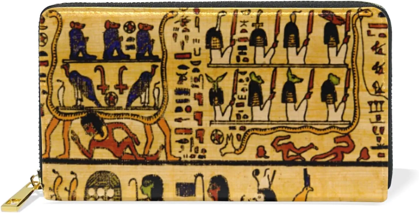 Old Egyptian Papyrus and Hieroglyph Retro Vintage Style Leather Long Wallet Organizer with Zipper Purse Clutch Bag for Women Men