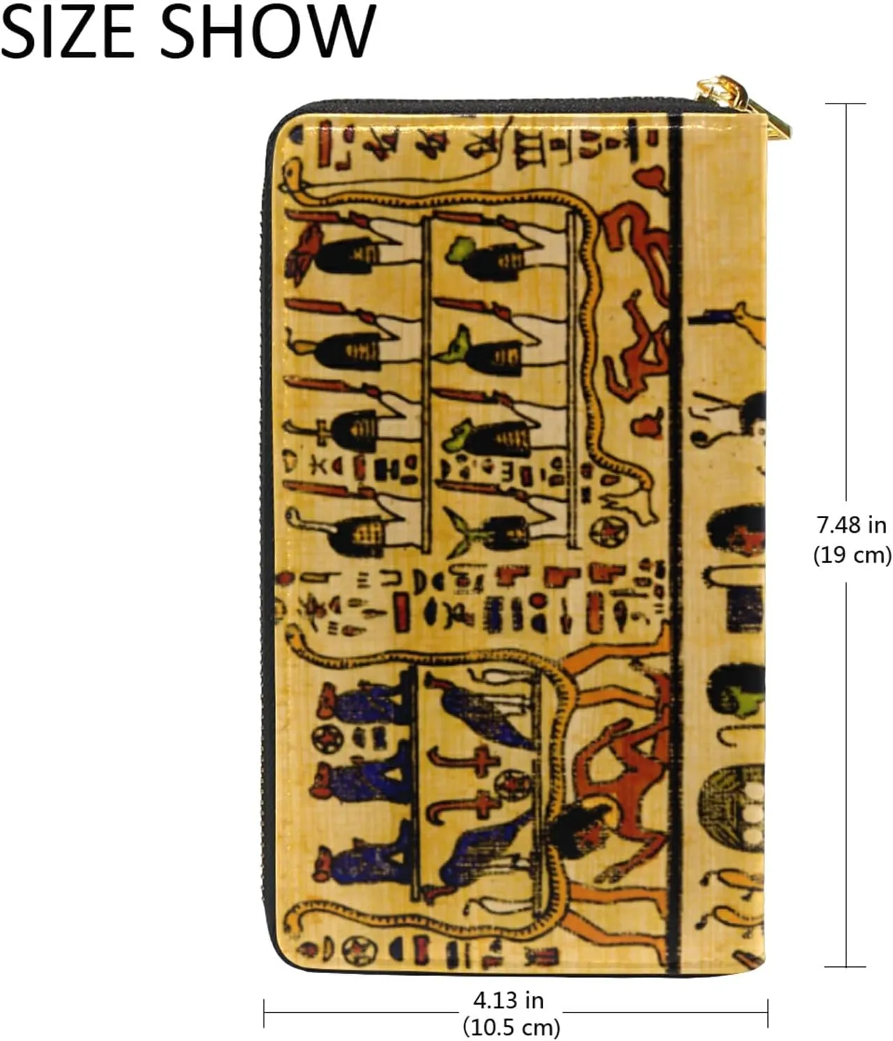 Old Egyptian Papyrus and Hieroglyph Retro Vintage Style Leather Long Wallet Organizer with Zipper Purse Clutch Bag for Women Men