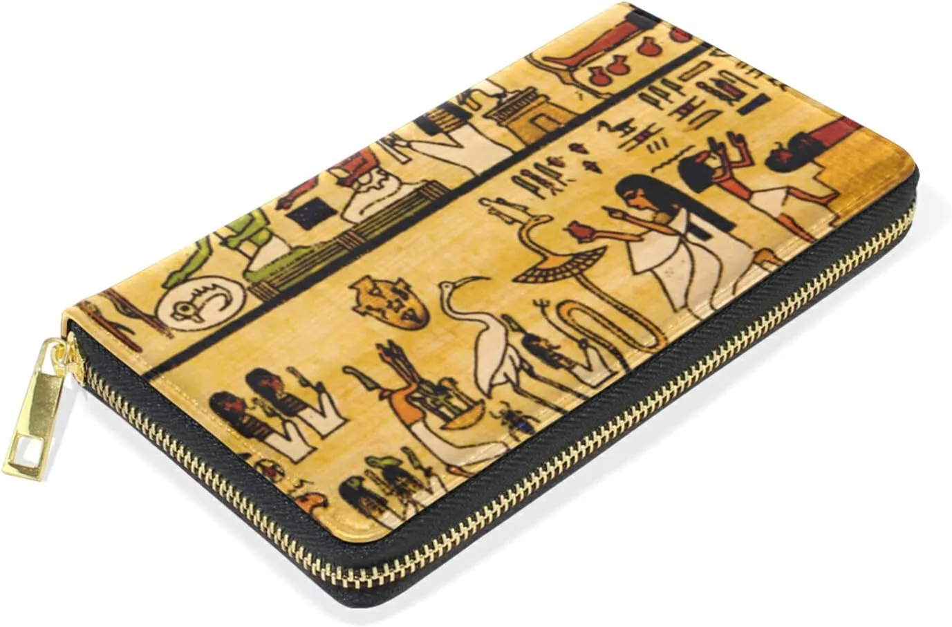 Old Egyptian Papyrus and Hieroglyph Retro Vintage Style Leather Long Wallet Organizer with Zipper Purse Clutch Bag for Women Men