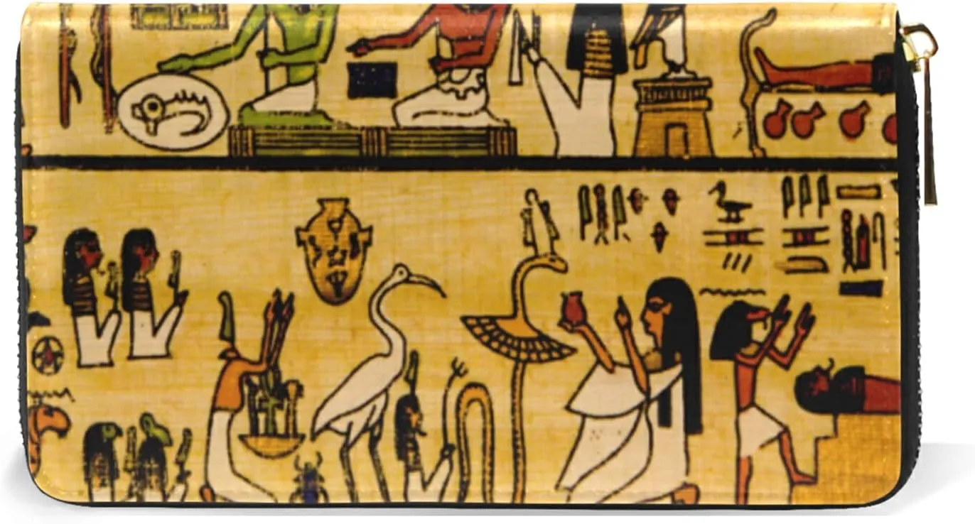 Old Egyptian Papyrus and Hieroglyph Retro Vintage Style Leather Long Wallet Organizer with Zipper Purse Clutch Bag for Women Men