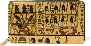 Old Egyptian Papyrus and Hieroglyph Retro Vintage Style Leather Long Wallet Organizer with Zipper Purse Clutch Bag for Women Men