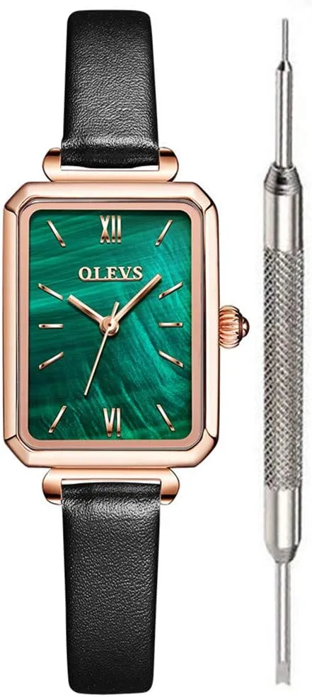 OLEVS Fashion Retro Square Watches for Women Green Stone Square Watch Ladies Gold Analog Quartz Watches