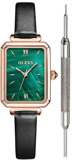OLEVS Fashion Retro Square Watches for Women Green Stone Square Watch Ladies Gold Analog Quartz Watches