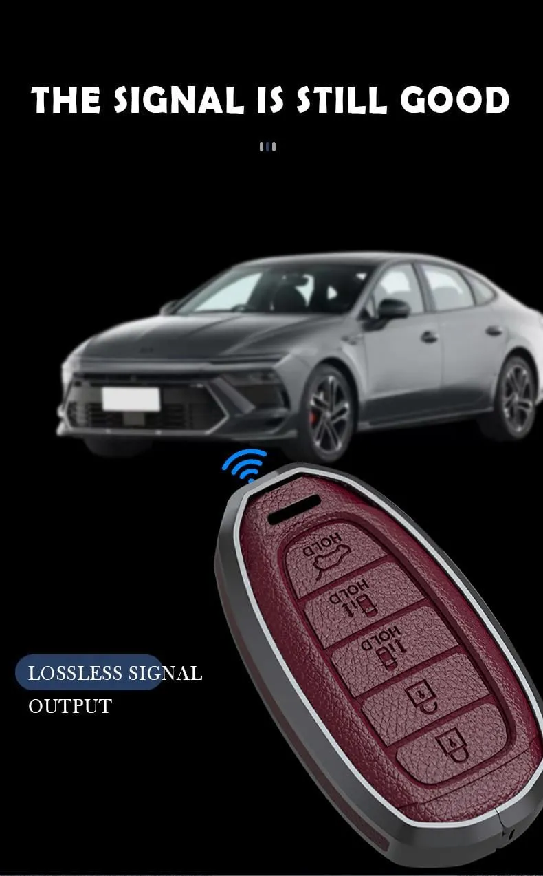 ontto Leather Key Case Shell Compatible with Hyundai 5 Buttons Key Remote Intelligent Key Cover Metal Key Fob Protector for Elantra Grandeur Accent Solaris Sonata Palisade Kona Creta I20 I30 Brown