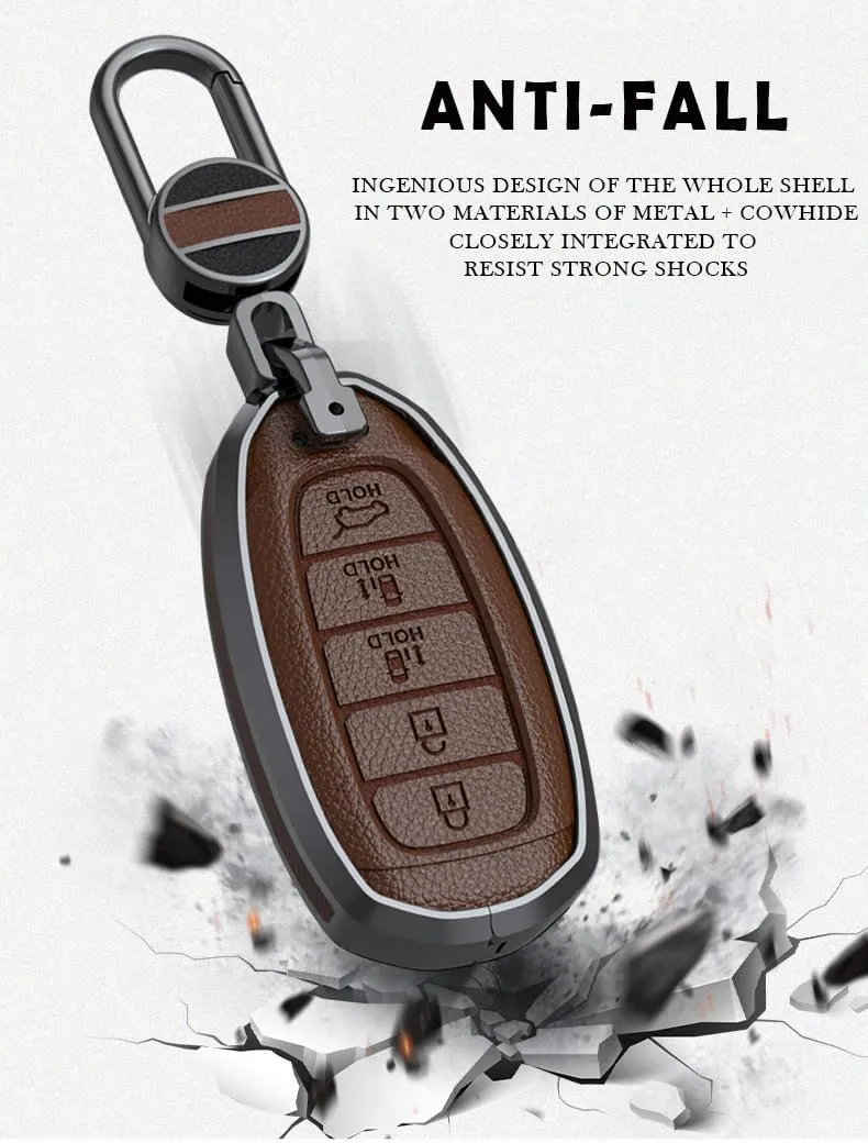 ontto Leather Key Case Shell Compatible with Hyundai 5 Buttons Key Remote Intelligent Key Cover Metal Key Fob Protector for Elantra Grandeur Accent Solaris Sonata Palisade Kona Creta I20 I30 Brown