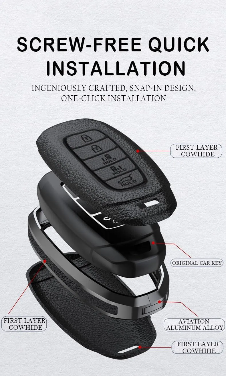 ontto Leather Key Case Shell Compatible with Hyundai 5 Buttons Key Remote Intelligent Key Cover Metal Key Fob Protector for Elantra Grandeur Accent Solaris Sonata Palisade Kona Creta I20 I30 Brown