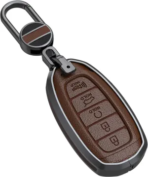 ontto Leather Key Case Shell Compatible with Hyundai 5 Buttons Key Remote Intelligent Key Cover Metal Key Fob Protector for Elantra Grandeur Accent Solaris Sonata Palisade Kona Creta I20 I30 Brown