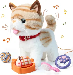 OR OR TU Walking Talking Toy Cat with Remote Control Leash, Plush Pet Electronic Interactive Toys for Kids, Wag Tail, Singing, Pretend Dress Up Realistic Stuffed Cat Age 3 4 5  Years Old Best Gift
