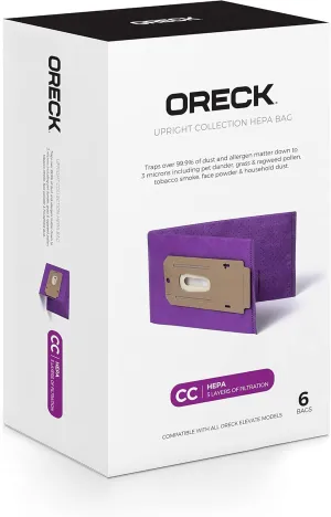 Oreck Vacuum Cleaner Bags for Upright Vacs, Pack of 6, Purple, Type CC, Hepa Filtration, Part # AK1CC6H, Oreck Vacuum Bags
